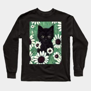 Black kitten in a field of daisies Long Sleeve T-Shirt